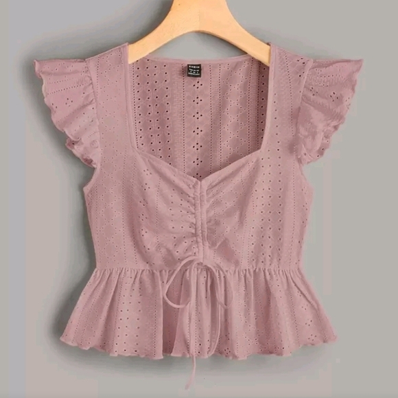 SHEIN Tops - Women Butterfly Sleeve Lettuce Trim Peplum Dusty Pink Boho Crop Top Size Small